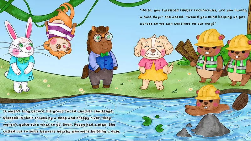The friends meeting beavers in hard hats beside a rushing river
